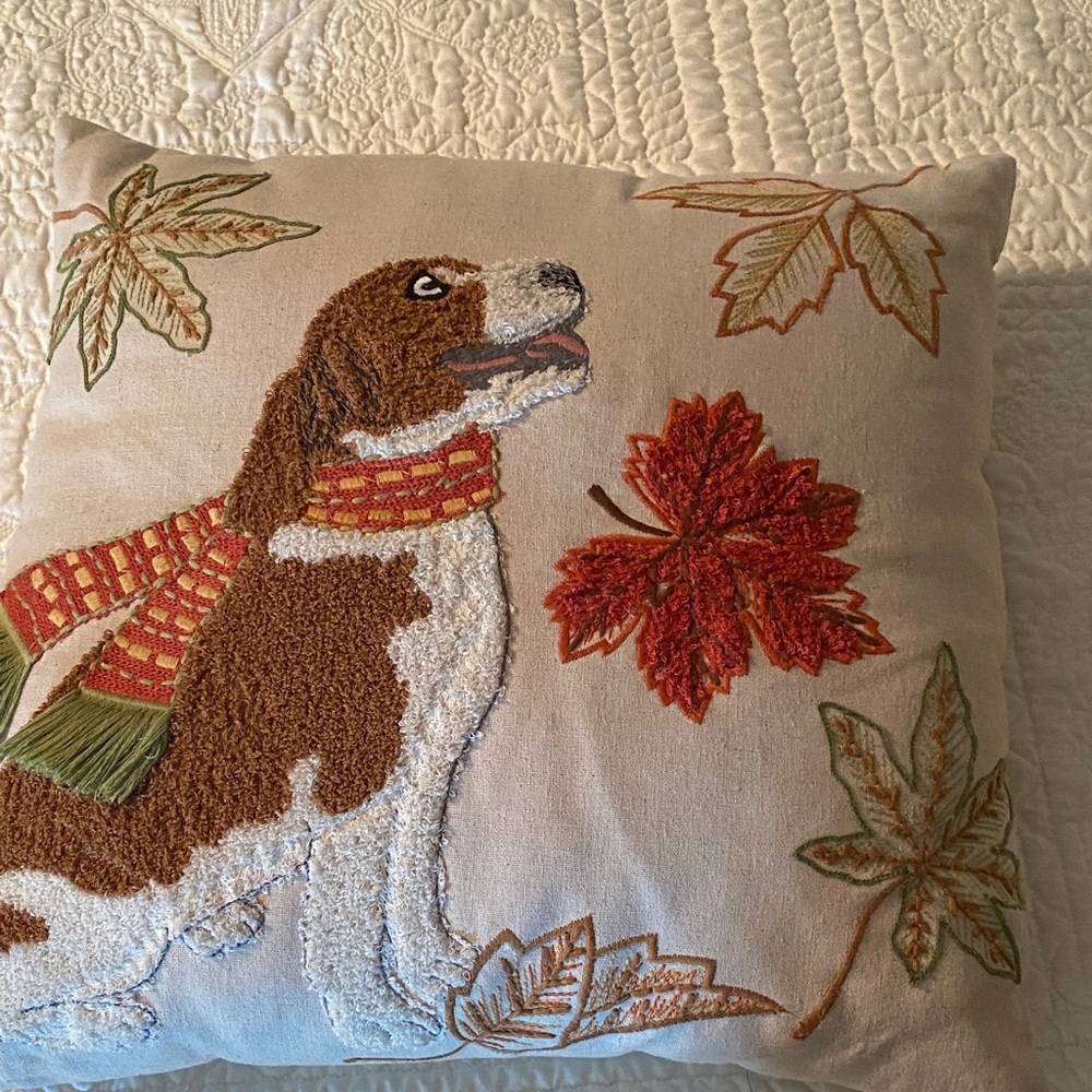Pier 1 Embroidered Dog Pillow in Cream, Brown, Red, Green